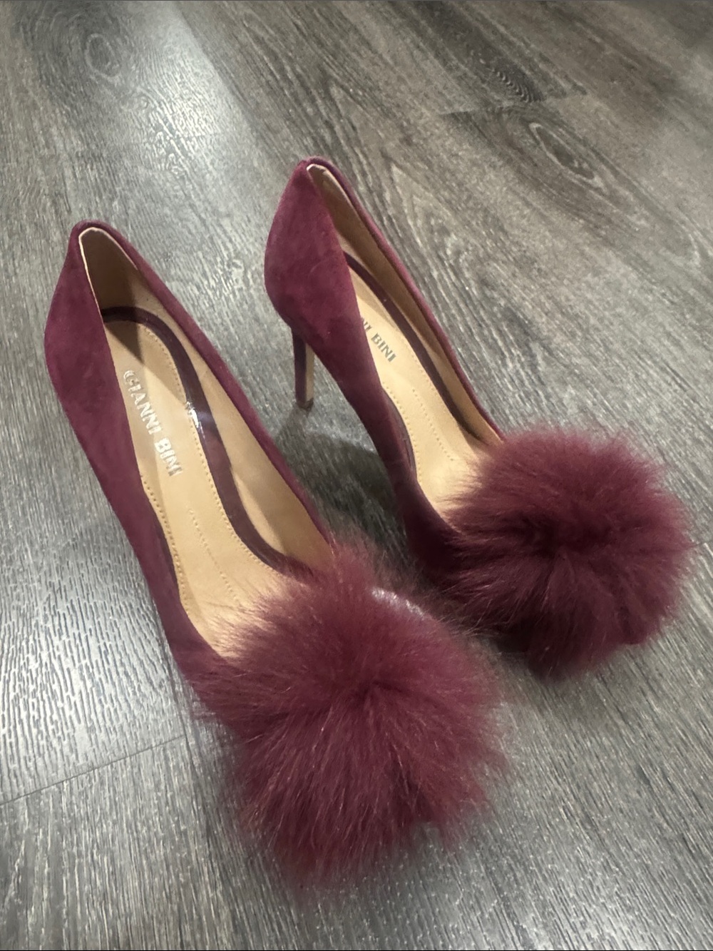 Gianni Bini Burgundy Suede Pom-Pom Stiletto Pumps